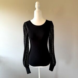 Tahari Crewneck Sheer-sleeve Sweater | Black | XS